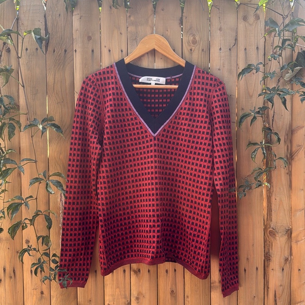 Diane Von Furstenberg Red and Black Checkered V-Neck Sweater